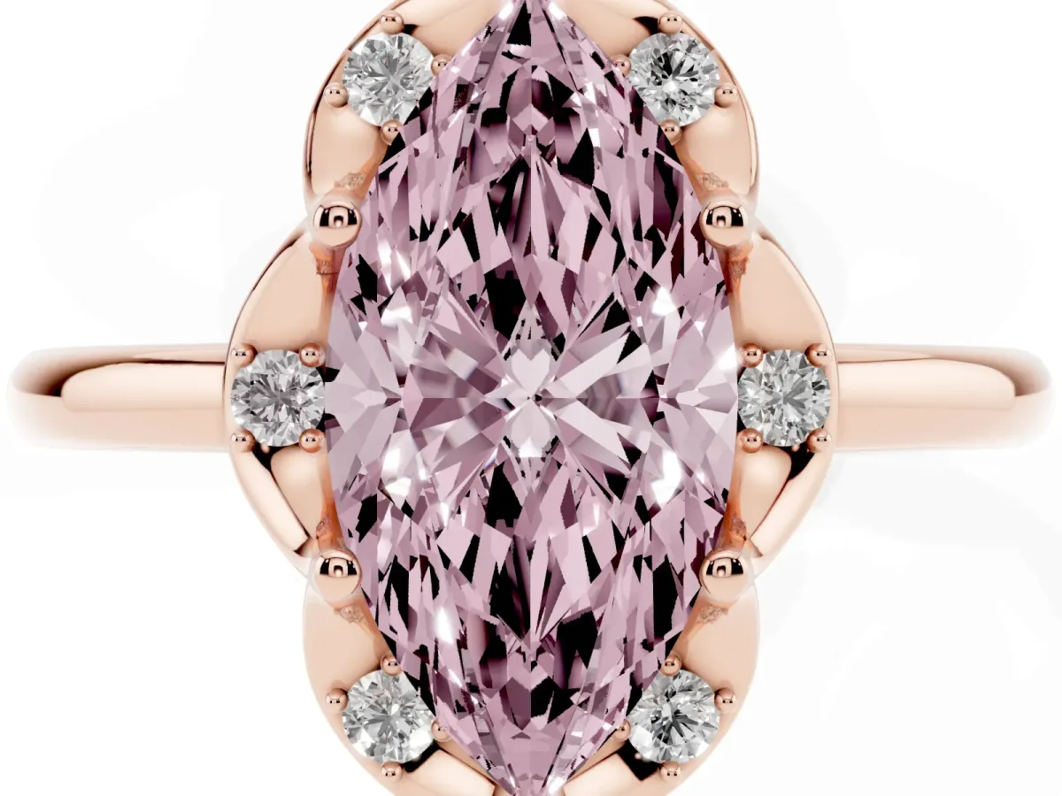 Fancy Pink Marquise Cut Halo Diamond Ring with Round Cluster Setting, Solitaire Band, and Four-Prong Setting Rose gold