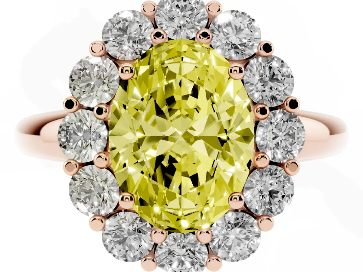 Fancy Yellow Oval Cut Halo Cluster Diamond Engagement Ring with Prong Setting and Polished Band Rose gold