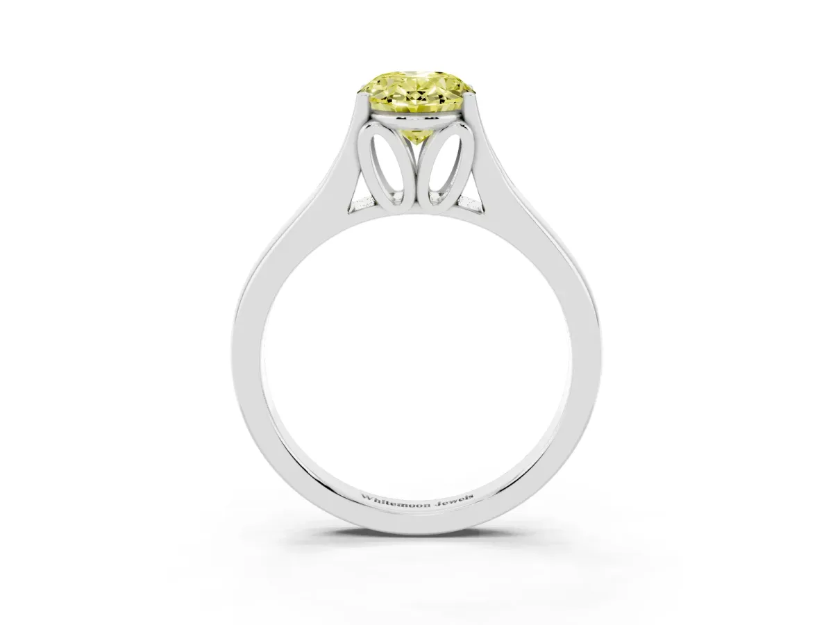 Fancy Yellow Oval Cut Solitaire Diamond Ring with Cathedral Band and Four-Prong Setting Silver