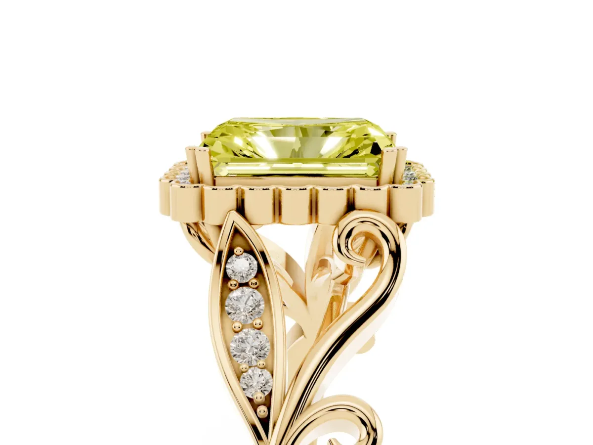 Fancy Yellow Radiant Cut Diamond Halo Ring with Vintage Split Shank and Four-Prong Setting Yellow gold