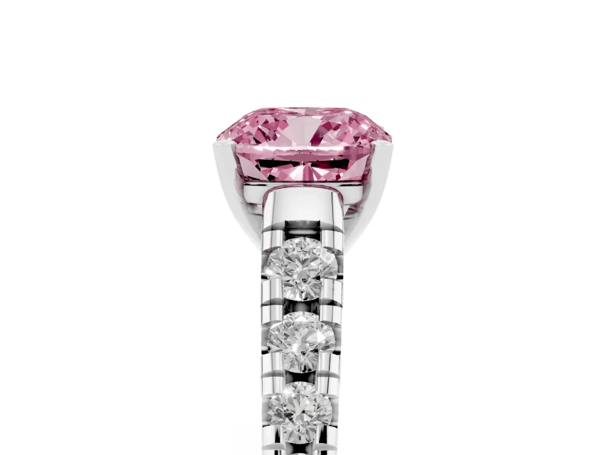 Fancy Pink Cushion Cut Diamond Cathedral Solitaire Ring with Round Pavé Band Silver