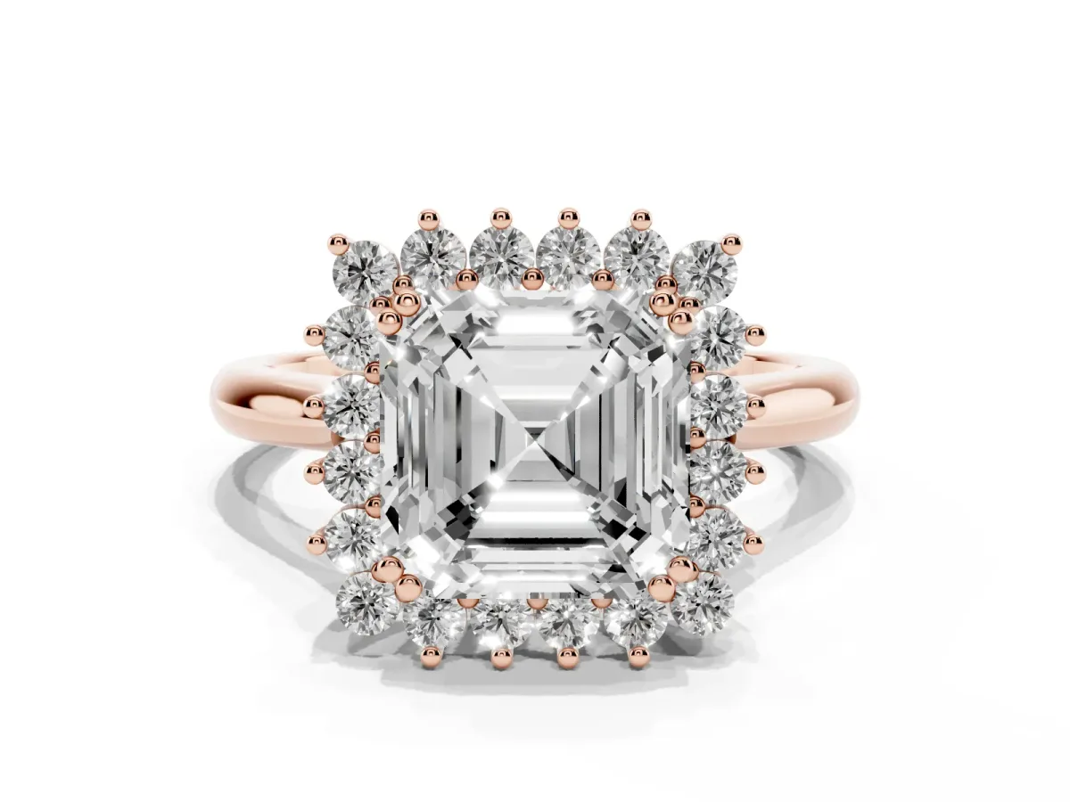 Asscher Cut Cut Diamond Halo Ring with Solitaire Band and Prong Setting Rose gold