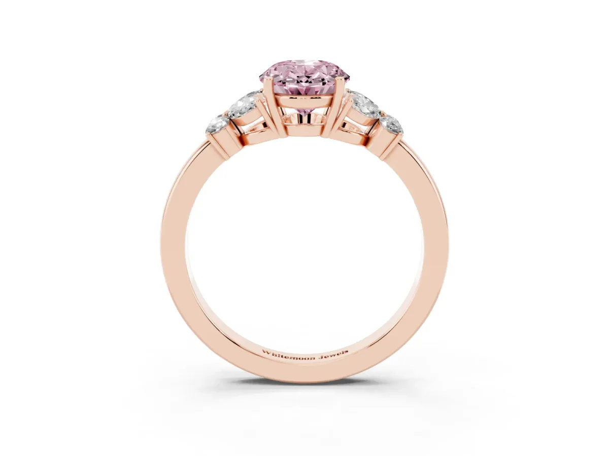 Fancy Pink Oval Cut Cut Solitaire Floral Diamond Ring with Four-Prong Setting Rose gold