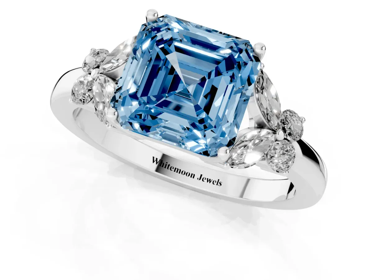 Fancy Blue Asscher Cut Cut Solitaire Floral Diamond Ring with Four-Prong Setting Silver