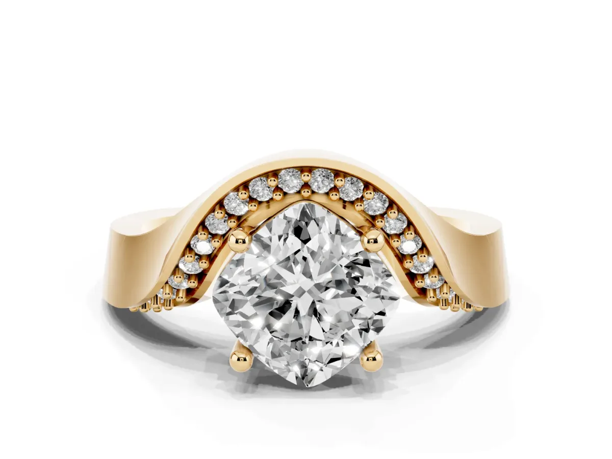 Cushion Cut Solitaire Diamond Engagement Ring with Pave Band and Four-Prong Setting Yellow gold