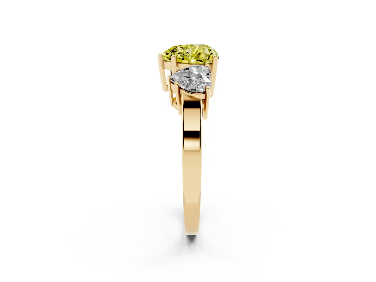 Fancy Yellow Three-Stone Heart Cut Cut Diamond Engagement Ring with Flat Band and Four-Prong Setting Yellow gold