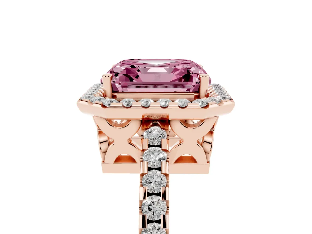 Fancy Pink Asscher Cut Diamond Halo Engagement Ring with Pavé Band and Prong Setting Rose gold