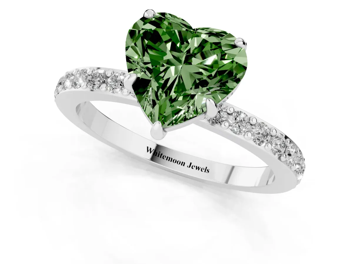 Fancy Green Heart Cut Diamond Pavé Engagement Ring with Round Accents and Prong Setting Platinum