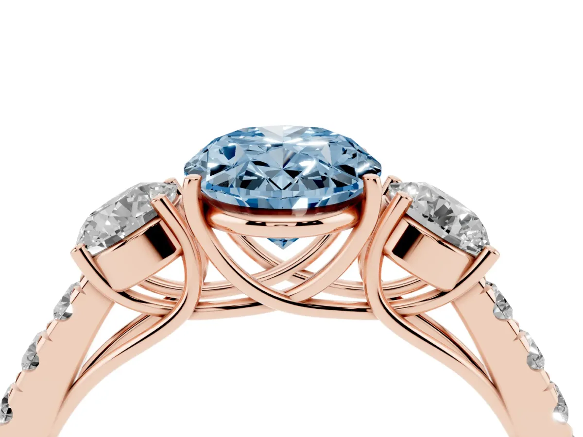 Fancy Blue Oval Cut Cut Diamond Three-Stone Ring with Round Side Stones and Pavé Band Rose gold