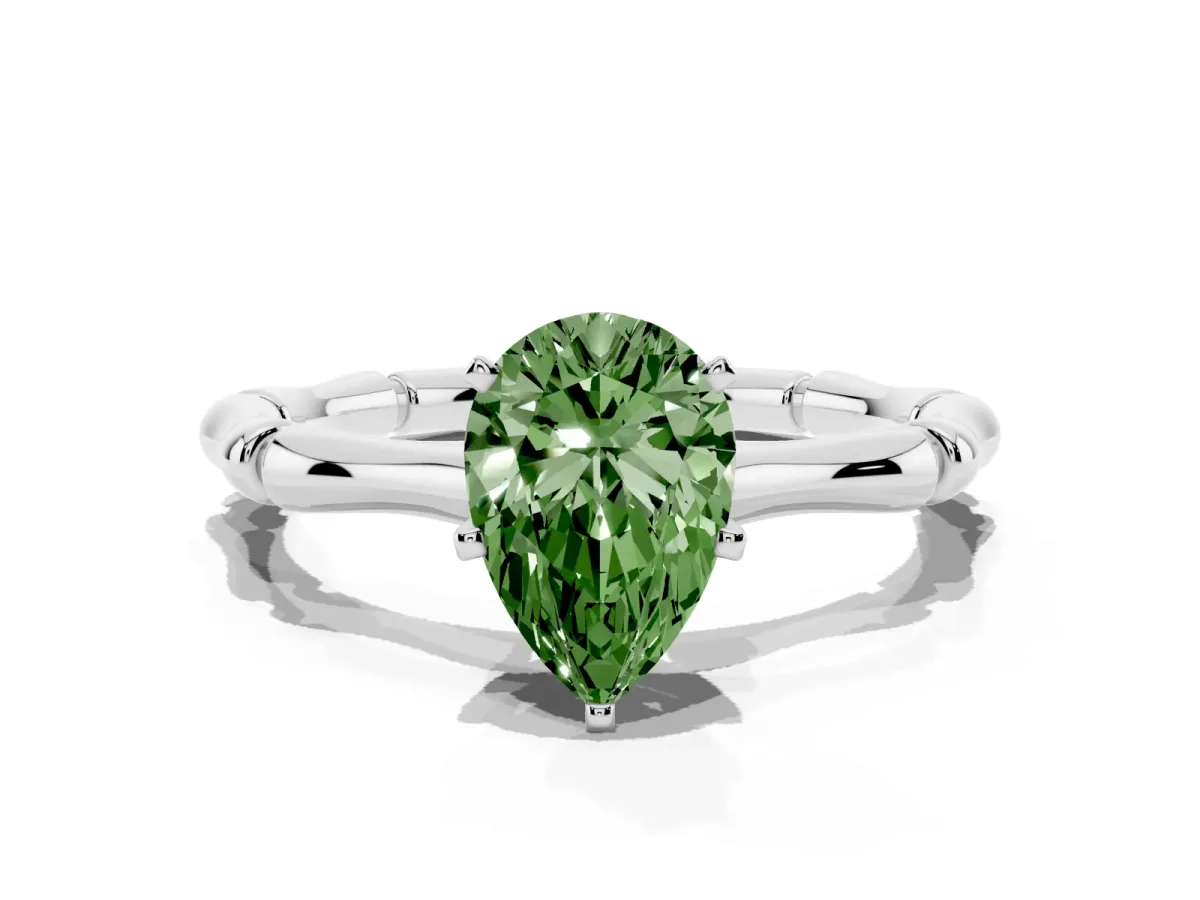 Fancy Green Pear Cut Solitaire Diamond Ring with Bamboo Band and Four-Prong Setting Silver