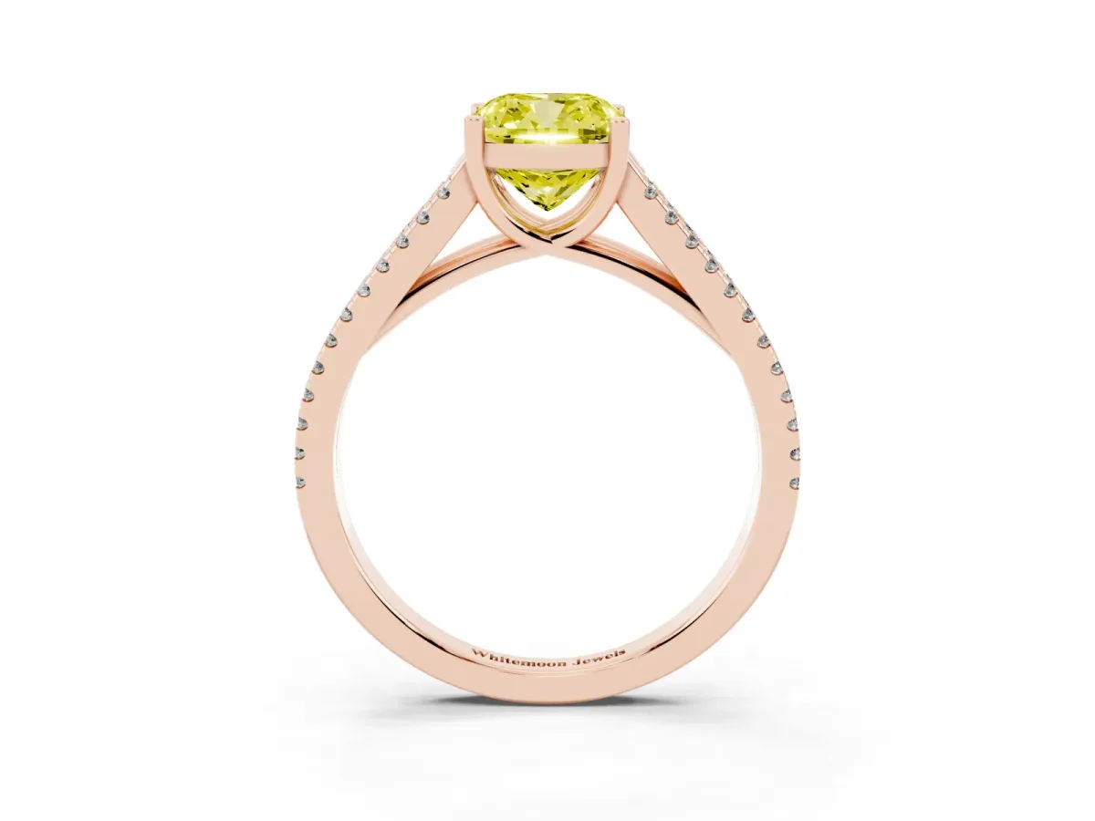 Fancy Yellow Cushion Cut Diamond Solitaire Engagement Ring with Split Shank Pavé Band Rose gold