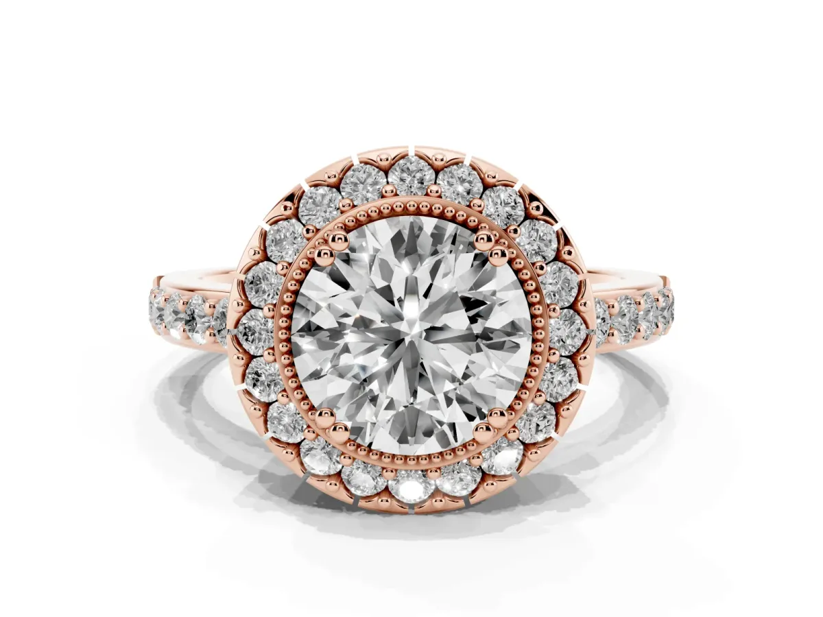 Round Cut Diamond Halo Ring with Pavé Band and Prong Setting Rose gold