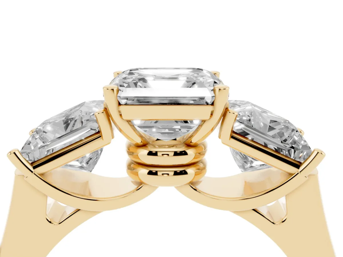 Three-Stone Asscher Cut Brilliant Diamond Trellis Ring with Comfort Fit Band Yellow gold