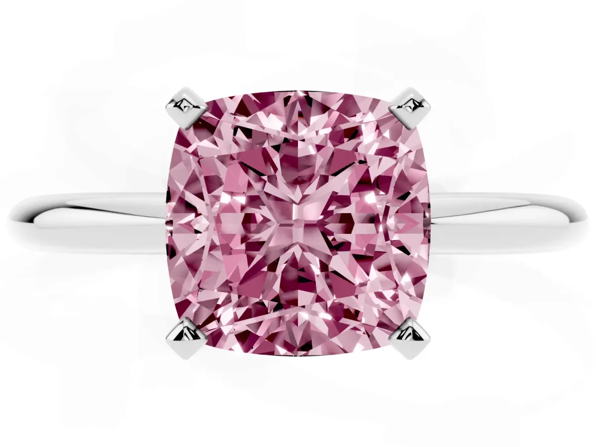 Fancy Pink Cushion Cut Diamond Solitaire Ring with Prong Setting and Classic Band Silver