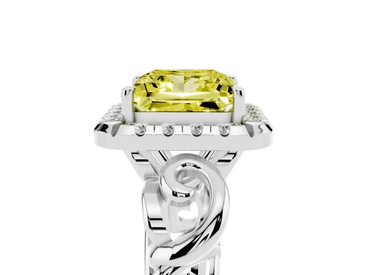 Fancy Yellow Princess Cut Cut Halo Diamond Ring with Scrollwork Band and Four-Prong Setting Platinum