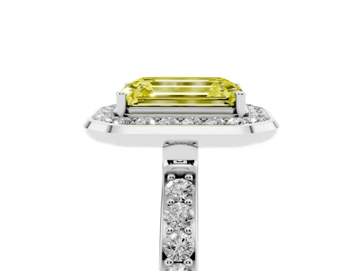 Fancy Yellow Emerald Cut Diamond Halo Ring with Bezel Frame and Pavé Band Silver