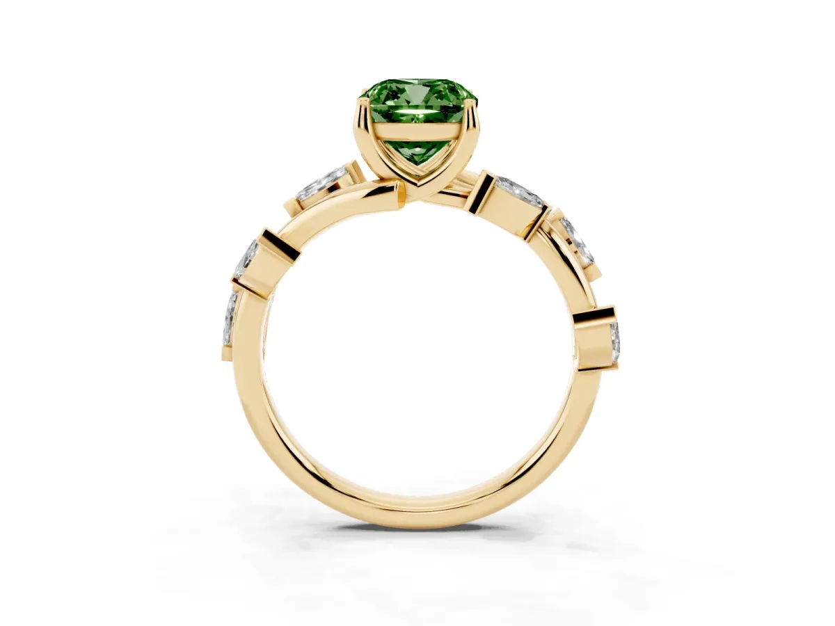 Fancy Green Cushion Cut Solitaire Twisted Band Marquise Accent Prong Setting Ring Yellow gold