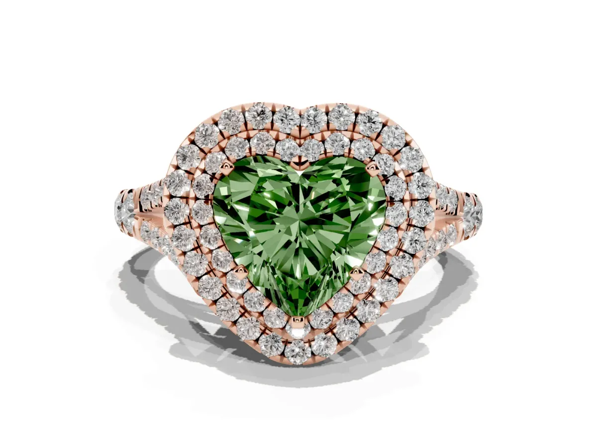 Fancy Green Heart Cut Cut Double Halo Split Shank Diamond Ring with Prong Setting Rose gold