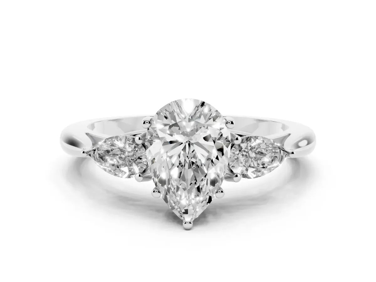 Three-Stone Pear Cut Diamond Ring with Pear Side Stones in Four-Prong Setting Silver