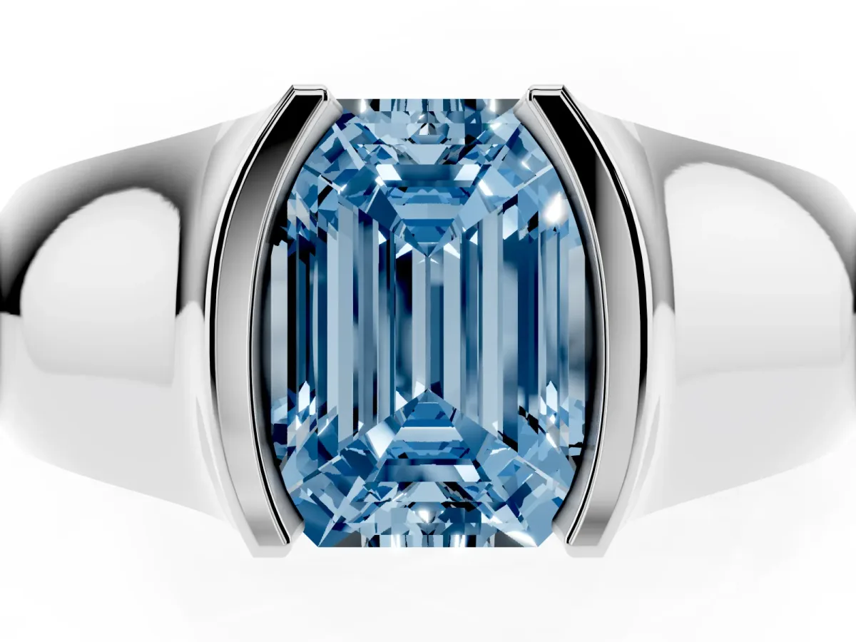 Fancy Blue Emerald Cut Solitaire Bezel Set Diamond Ring with Wide Band Platinum