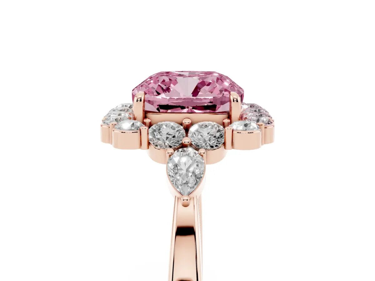 Fancy Pink Cushion Cut Diamond Halo Ring with Pear Side Stones and Prong Setting Rose gold