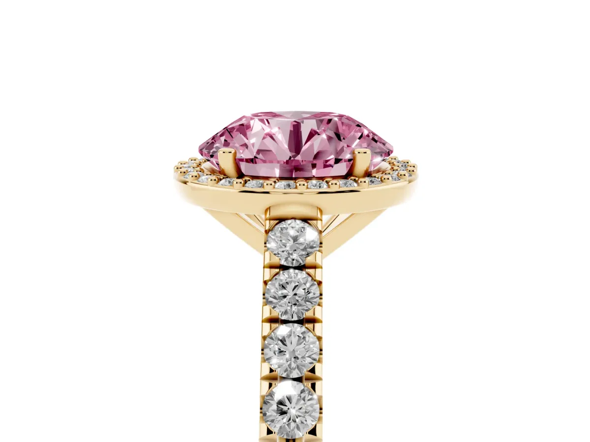 Fancy Pink Round Cut Cut Halo Diamond Engagement Ring with Pave Band and Four-Prong Setting Yellow gold