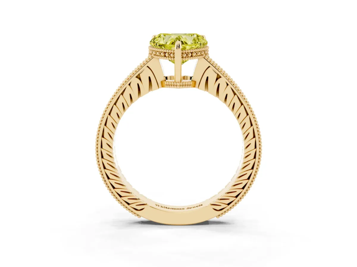 Fancy Yellow Heart Cut Solitaire Pavé Diamond Milgrain Engagement Ring with Four-Prong Setting Yellow gold