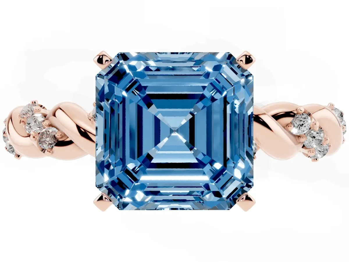 Fancy Blue Asscher Cut Diamond Solitaire Ring with Twisted Band and Pavé Accents Rose gold