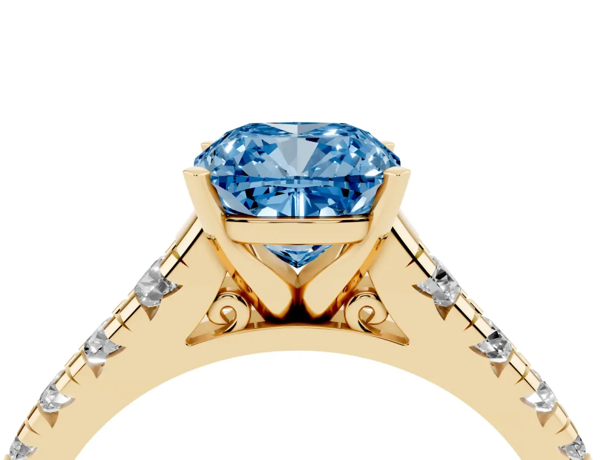 Fancy Blue Cushion Cut Diamond Cathedral Solitaire Ring with Round Pavé Band Yellow gold