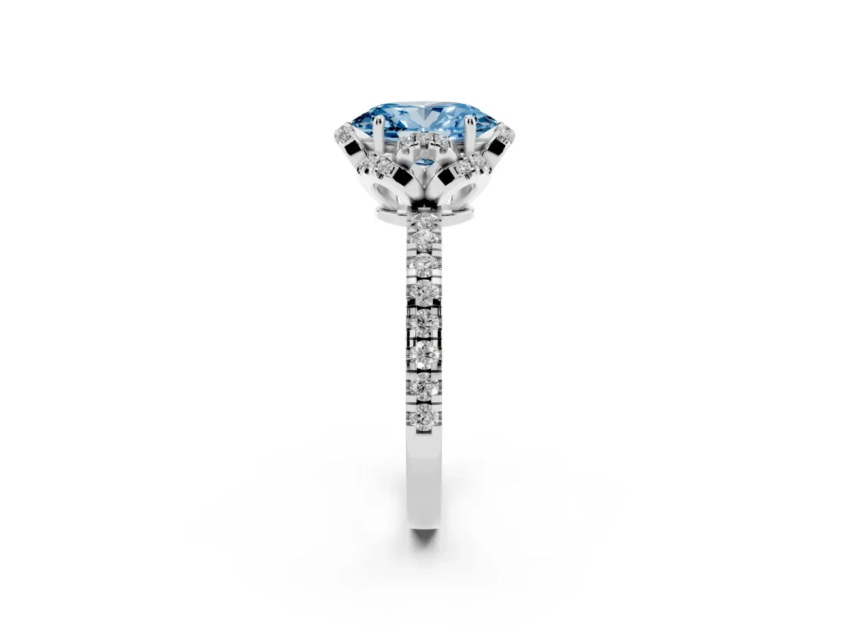 Fancy Blue Oval Cut Halo Diamond Pave Band Ring with Four-Prong Setting Platinum