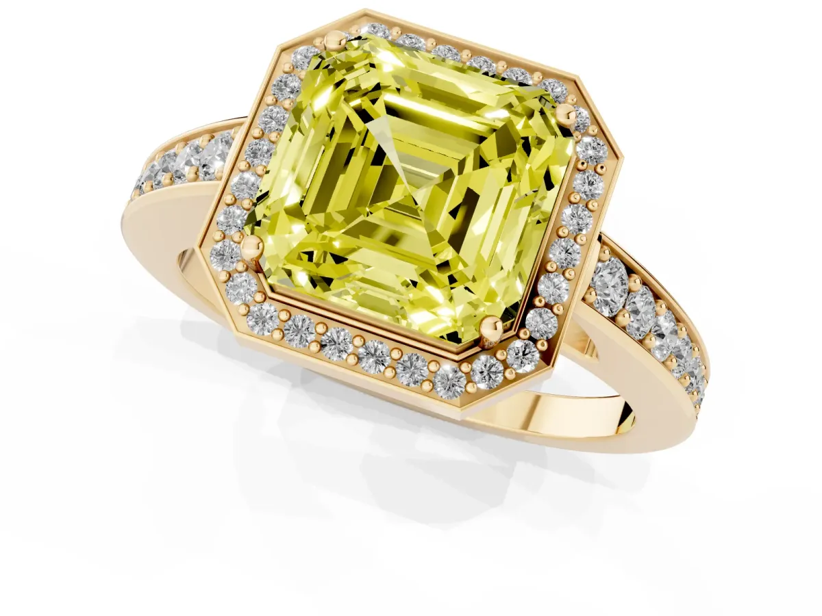 Fancy Yellow Asscher Cut Halo Pavé Diamond Engagement Ring with Bezel Setting Yellow gold