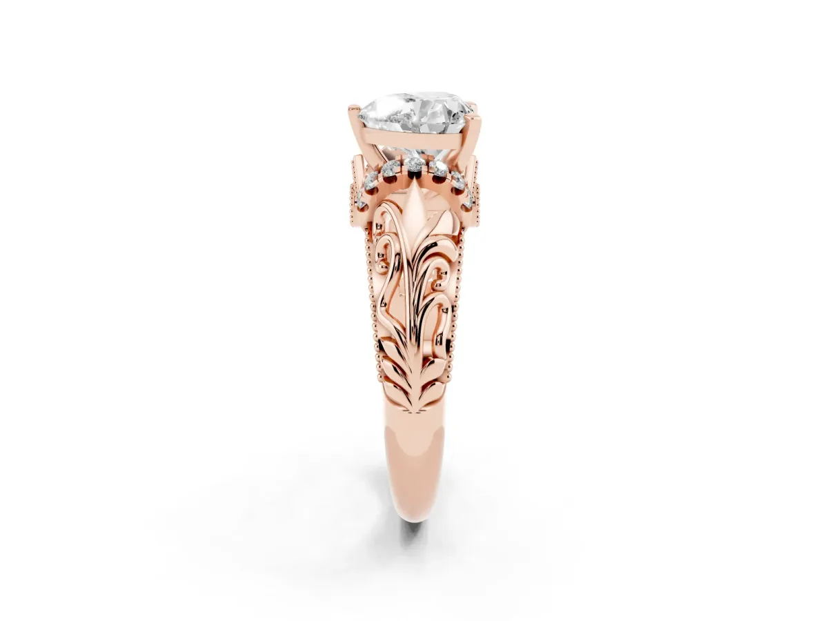 Heart Cut Solitaire Filigree Engagement Ring with Halo and Prong Setting Rose gold