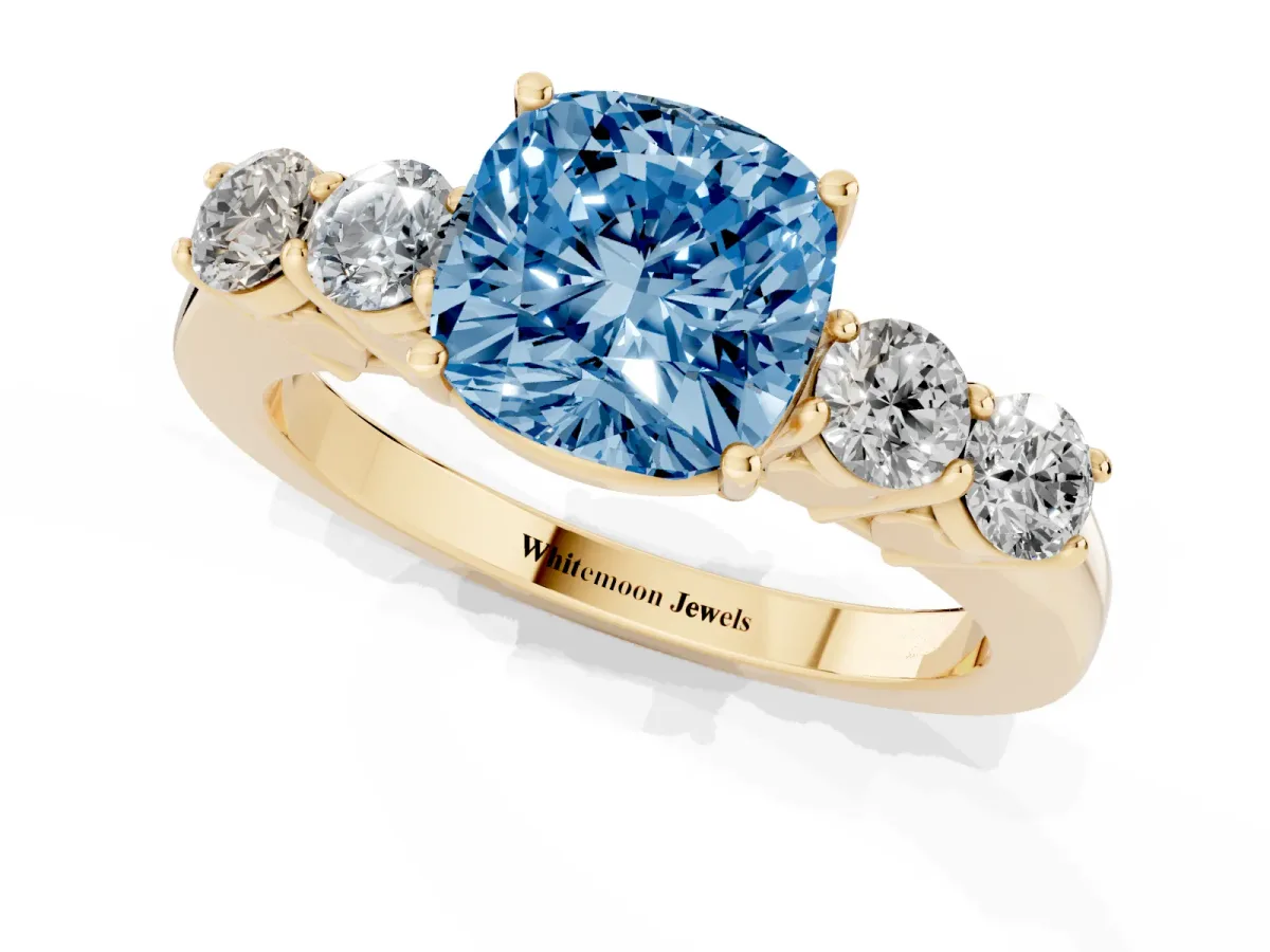 Fancy Blue Cushion Cut Cut Diamond Five-Stone Prong Set White Gold Ring Yellow gold