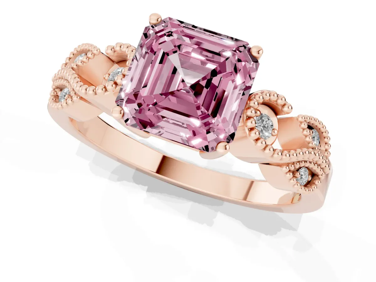 Fancy Pink Asscher Cut Solitaire Milgrain Leaf Band with Prong Setting Rose gold