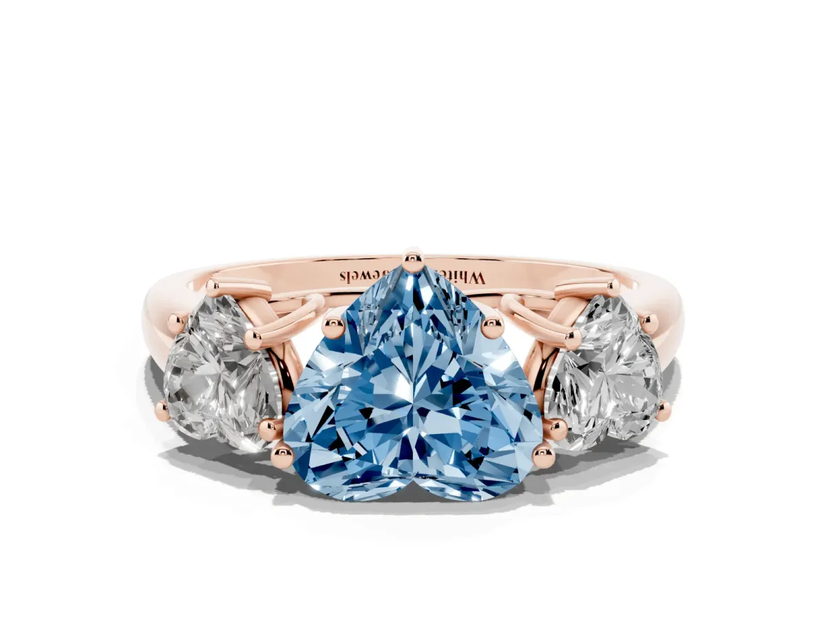 Fancy Blue Three-Stone Heart Cut Diamond Engagement Ring with Prong Setting Rose gold