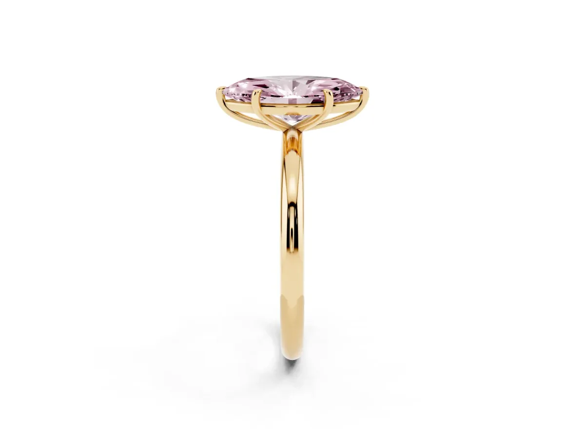 Fancy Pink Marquise Cut Solitaire Diamond Ring with Four-Prong Setting on a Plain Band Yellow gold