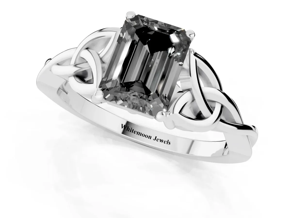 Fancy Black Emerald Cut Diamond Solitaire Engagement Ring with Celtic Knot Band and Four-Prong Setting Silver