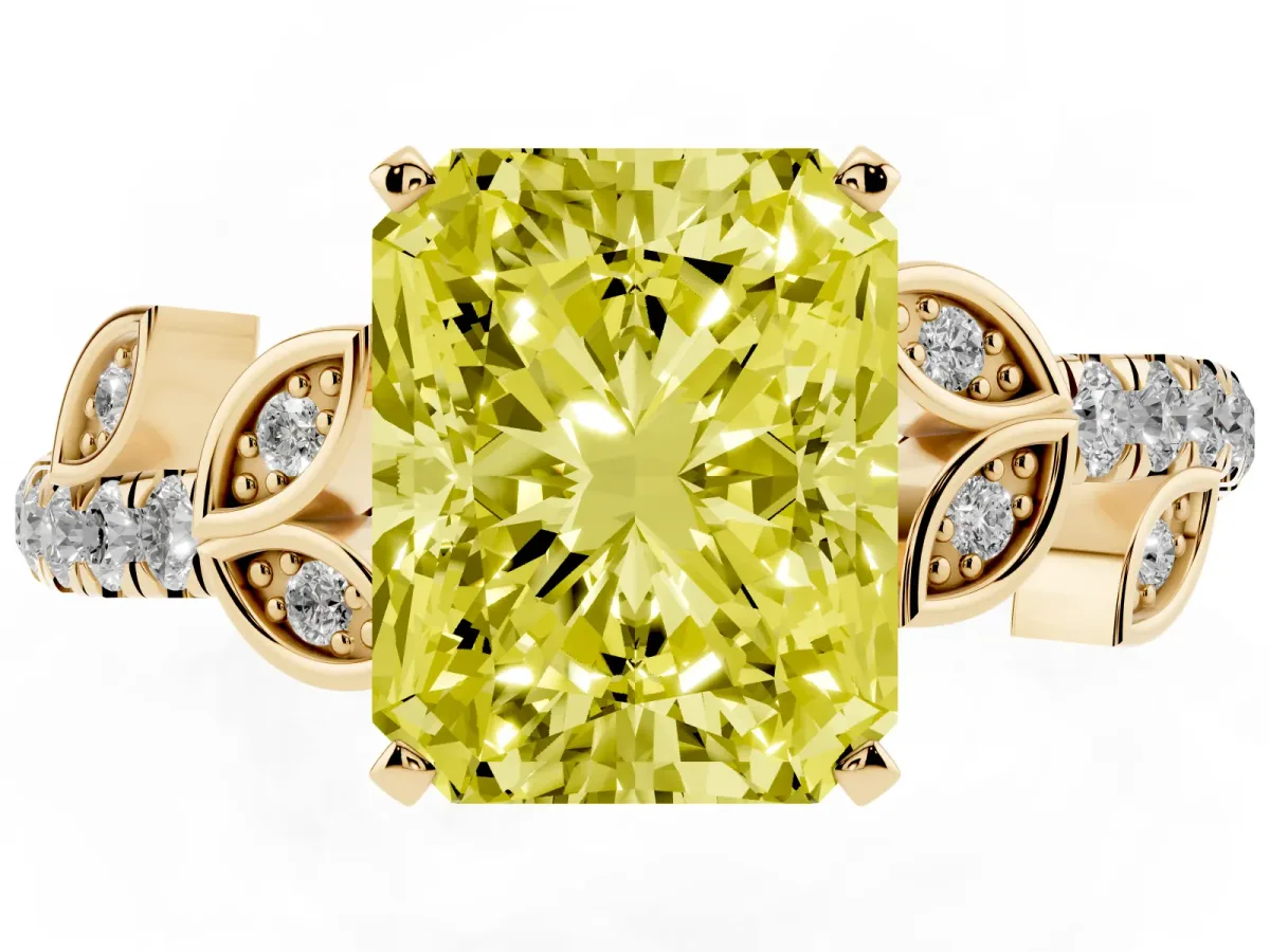 Fancy Yellow Radiant Cut Solitaire Leaf-Inspired Diamond Ring with Pavé Band and Four-Prong Setting Yellow gold