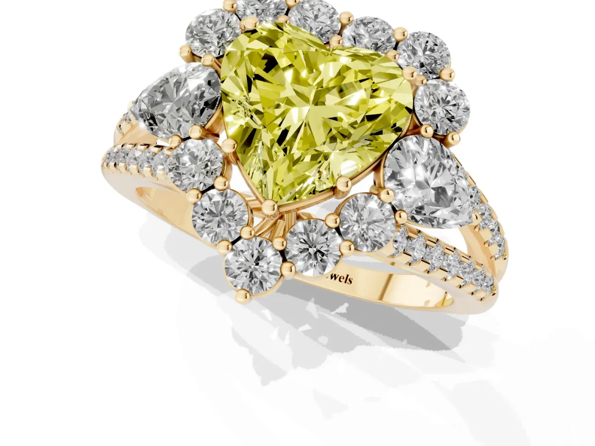 Fancy Yellow Heart Cut Halo Split Shank Diamond Engagement Ring with Prong Setting Yellow gold