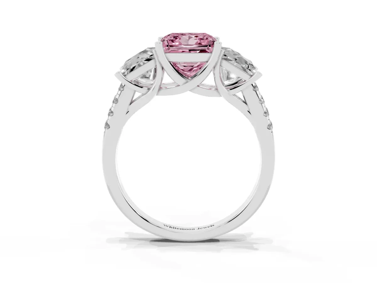 Fancy Pink Three-Stone Princess Cut Diamond Ring with Round Pavé Band and Prong Setting Silver
