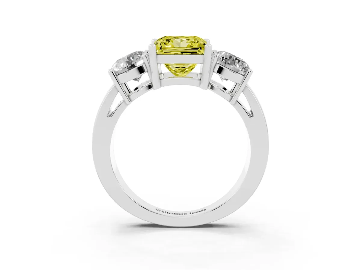 Fancy Yellow Three-Stone Princess Cut Diamond Ring with Round Side Stones, Classic Band, and Four-Prong Setting Platinum