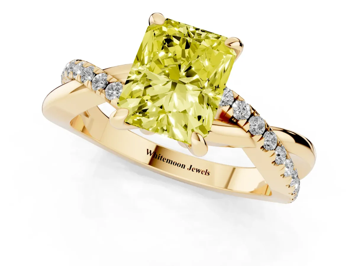 Fancy Yellow Radiant Cut Cut Diamond Twist Band Solitaire with Prong Setting Yellow gold