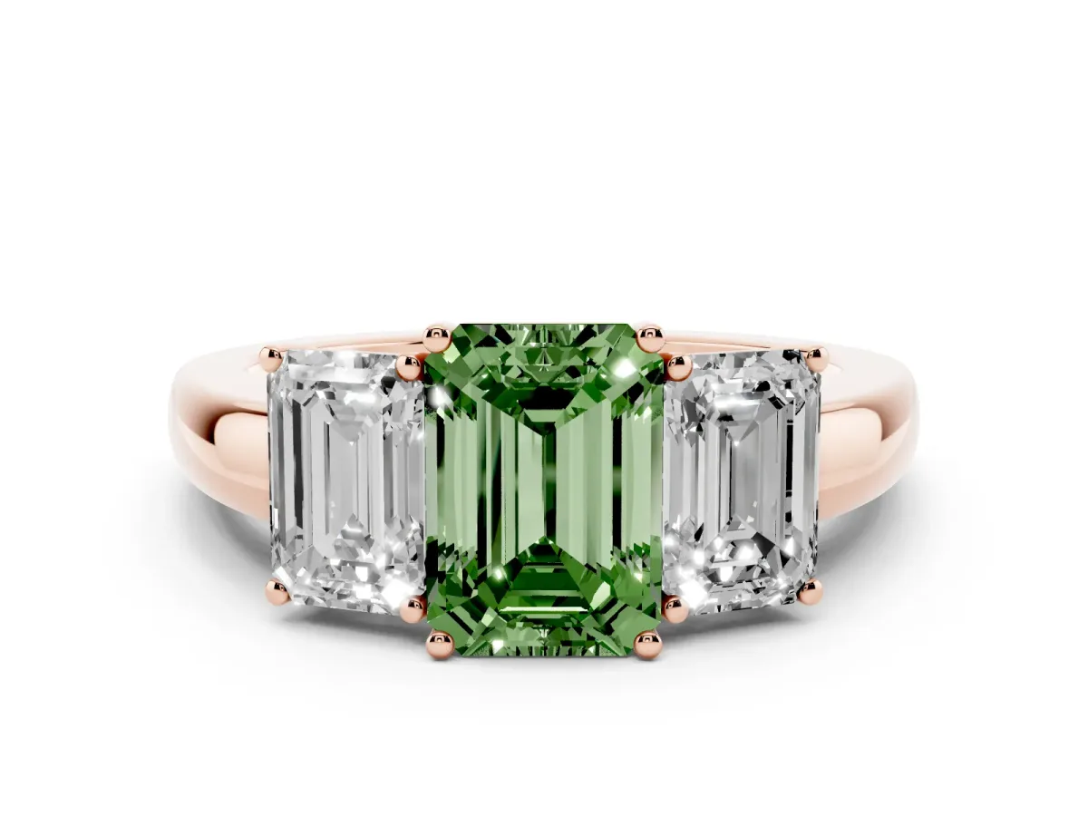 Fancy Green Emerald Cut Diamond Three-Stone Ring with Four-Prong Setting and Classic Band Rose gold