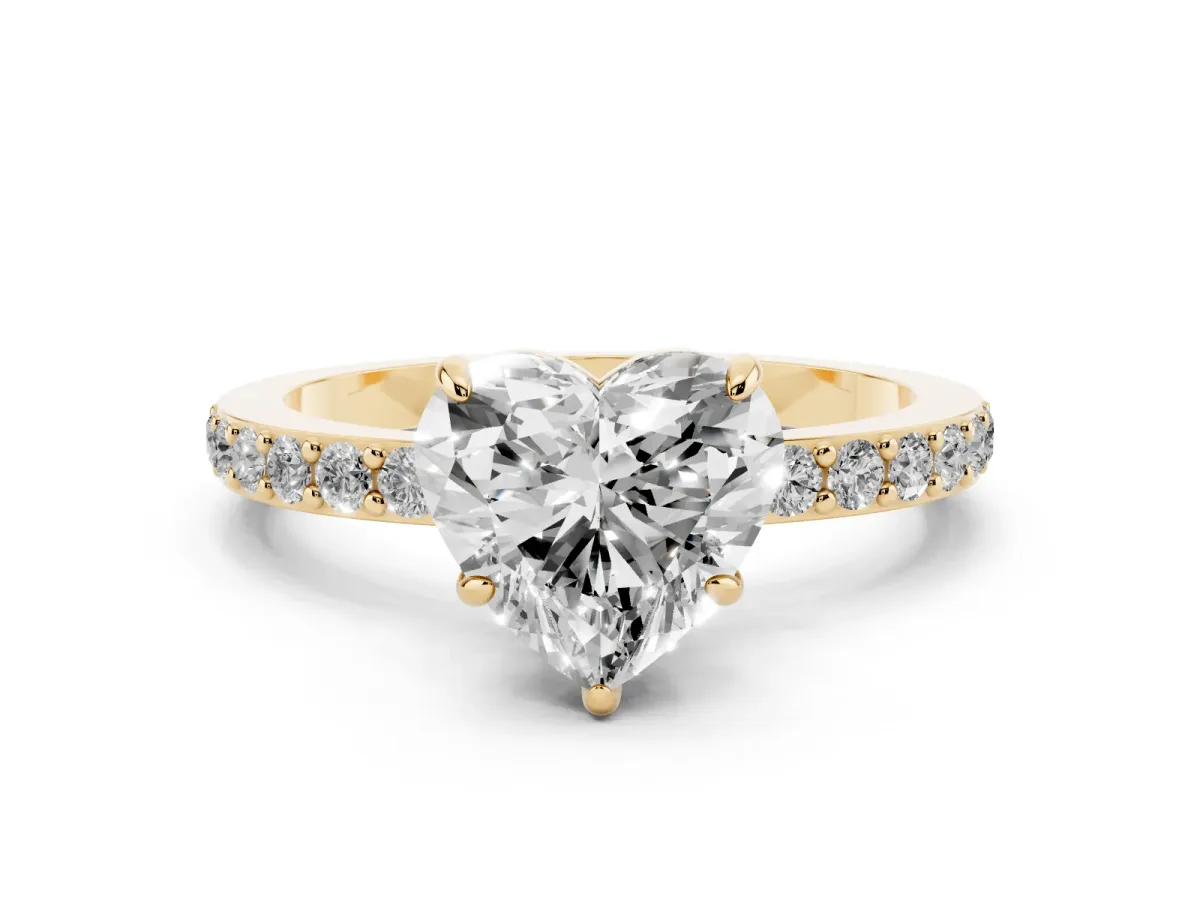 Heart Cut Diamond Pavé Engagement Ring with Round Accents and Prong Setting Yellow gold