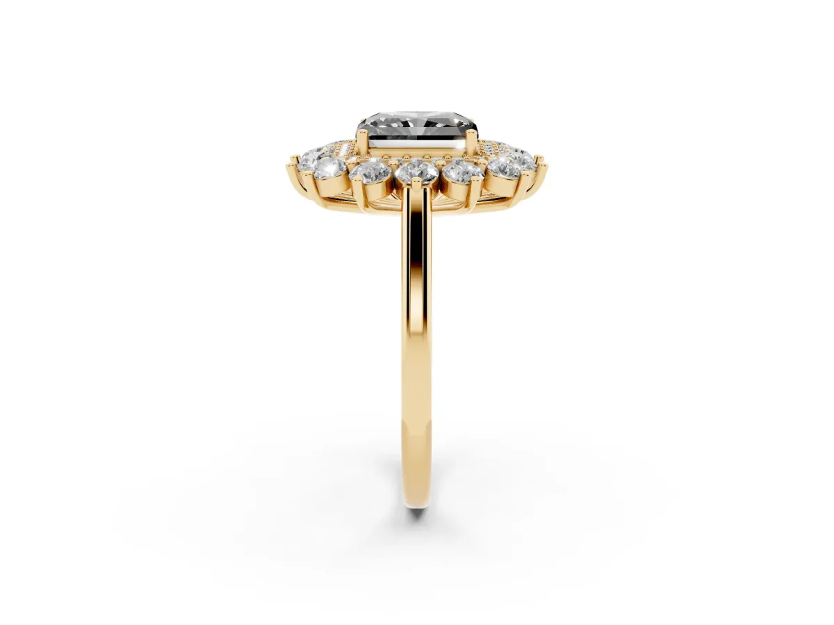 Fancy Black Radiant Cut Diamond Floral Double Halo Engagement Ring with Prong Setting Yellow gold