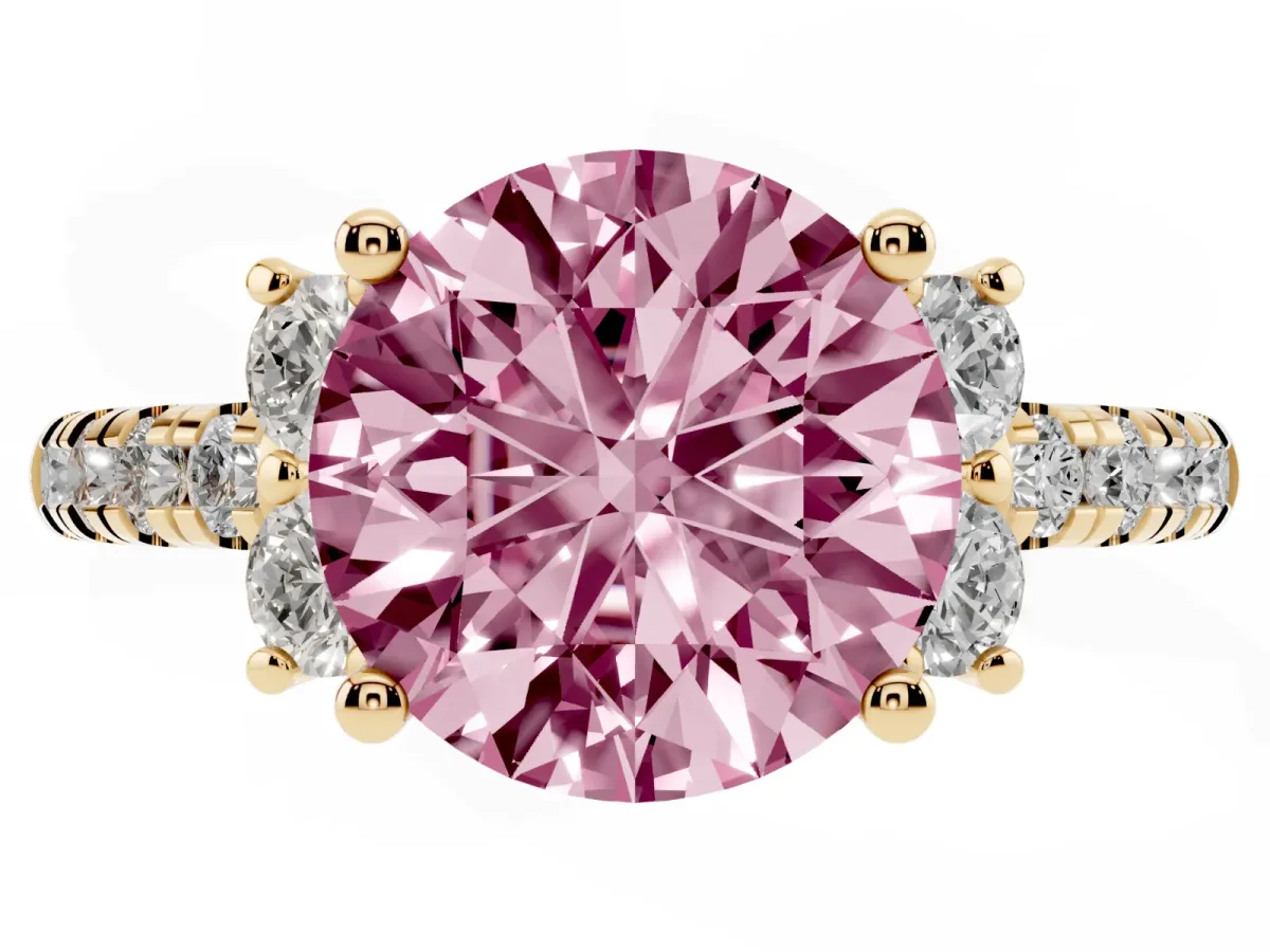 Fancy Pink Round Cut Diamond Three-Stone Pave Band with Four-Prong Setting Yellow gold