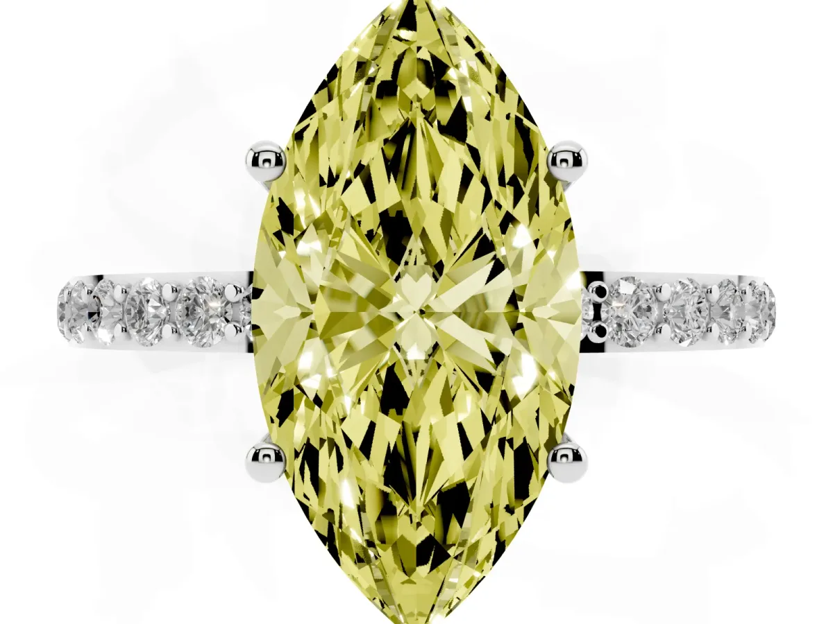 Fancy Yellow Marquise Cut Diamond Solitaire Ring with Round Pavé Shoulders and Prong Setting Silver