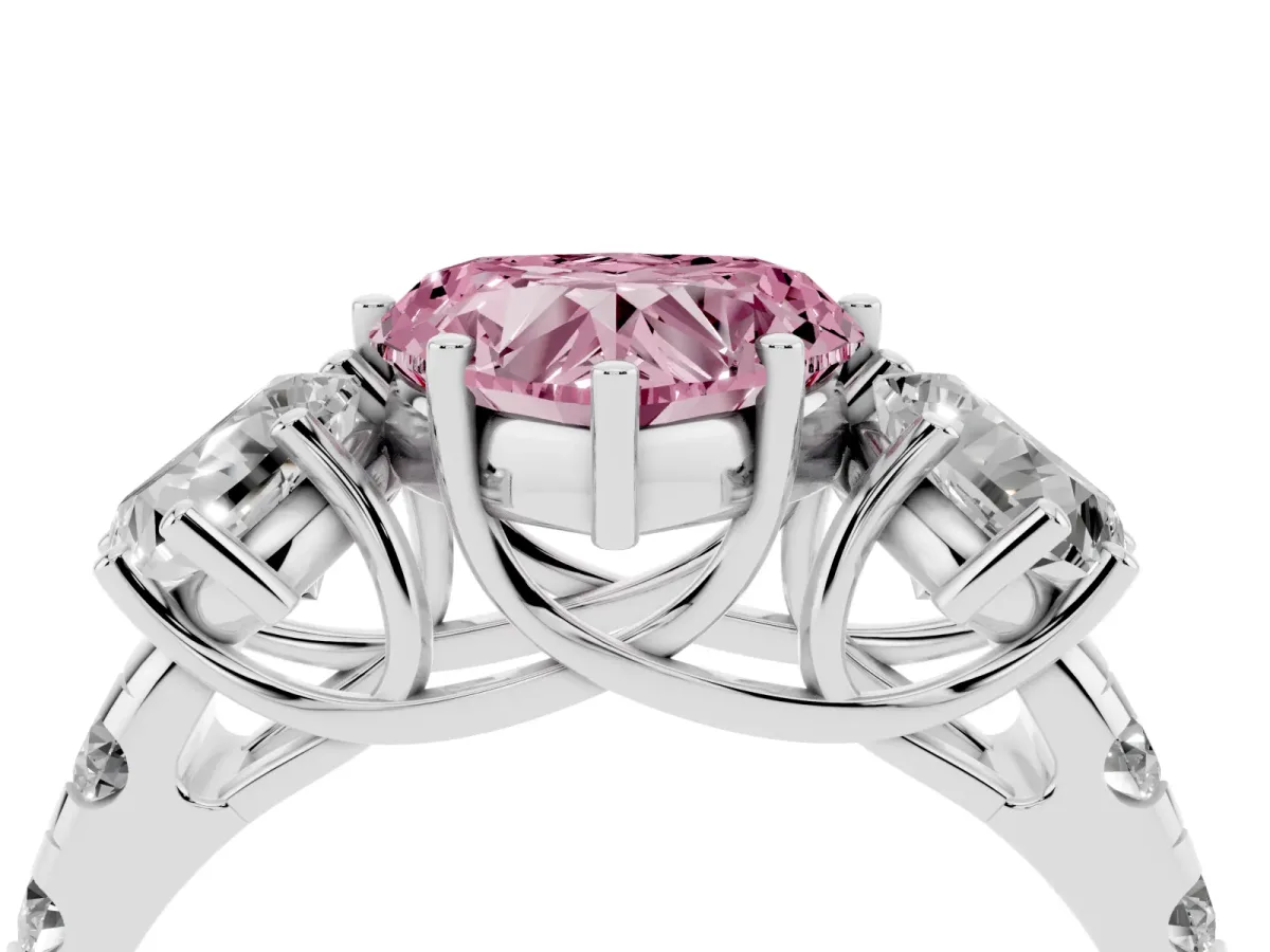 Fancy Pink Three-Stone Heart Cut Diamond Pavé Band with Prong Setting Silver