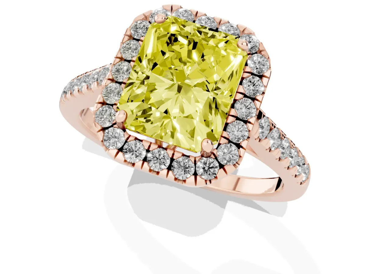 Fancy Yellow Radiant Cut Halo Pavé Diamond Engagement Ring with Four-Prong Setting Rose gold