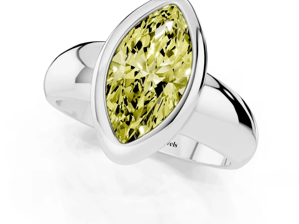 Fancy Yellow Bezel Set Marquise Cut Solitaire Ring with Wide Band Platinum